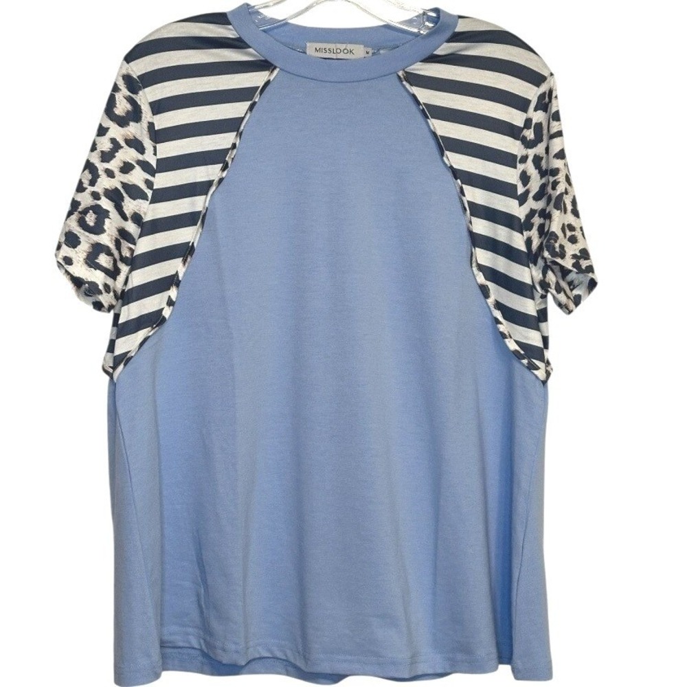 MISSLOOK Mixed Media Top Women Blue Leopard Striped Colorblock Eclectic Chic  M